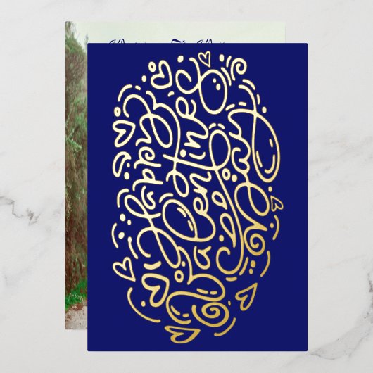 エレガントハッピーバレンタインデー |濃い青1枚の写真 箔シーズンカード (正面/裏面)