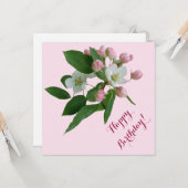 エレガントハッピーバースデーかわいらしピンクの花フローラ カード (正面/裏面インサイチュ)