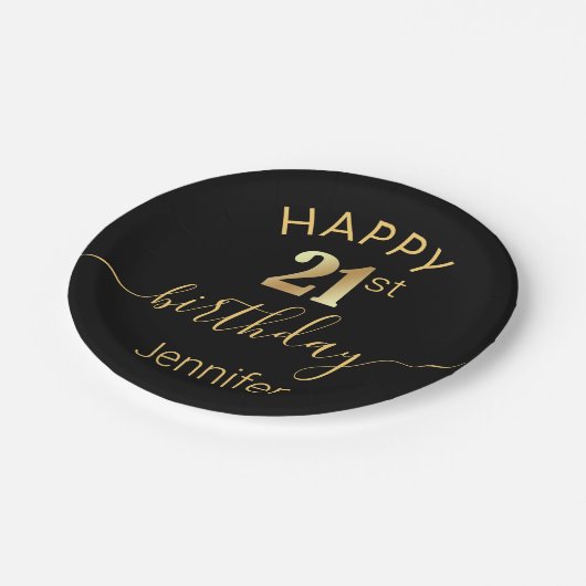 エレガントハッピーバースデー21位の金ゴールドブラックのミニマリスト ペーパープレート (アングル)