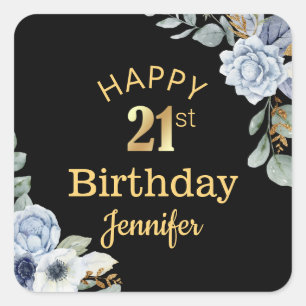 エレガントハッピーバースデー21番目のフローラ金ゴールドブラック スクエアシール