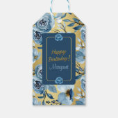 エレガントハッピーバースデーBluフローラ金ゴールドのパーソナライズ ギフトタグ (正面)