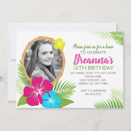 エレガントハワイアンルアウ（ハワイ式宴会）誕生日写真 招待状 (正面)