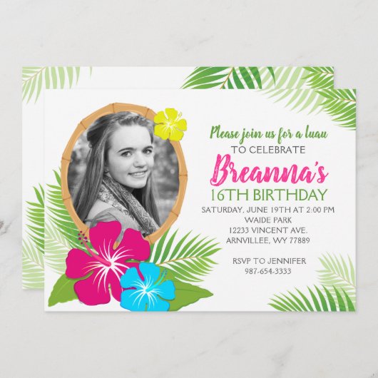 エレガントハワイアンルアウ（ハワイ式宴会）誕生日写真 招待状 (正面/裏面)