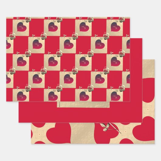 エレガントハートとバラ ラッピングペーパーシート (セット)