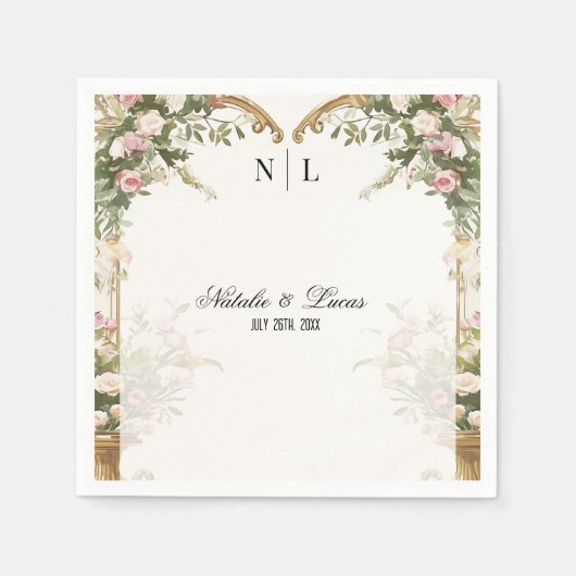エレガントハートアーチ赤面フローラと金ゴールド結婚ズ スタンダードカクテルナプキン (正面)