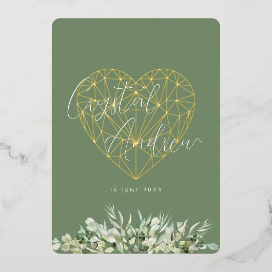 エレガントハートセージ緑フォーマル結婚の葉 箔招待状 (正面)