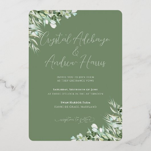 エレガントハートセージ緑フォーマル結婚の葉 箔招待状 (裏面)