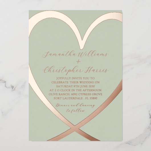 エレガントハートバラ金ゴールドとグリーン結婚式招待状 箔招待状 (正面)