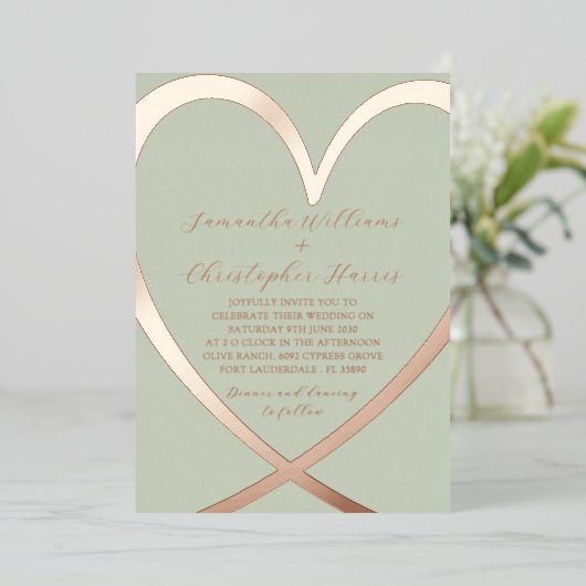 エレガントハートバラ金ゴールドとグリーン結婚式招待状 箔招待状 (立ち正面)