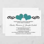 エレガントハート結婚式招待状、ティール（緑がかった色） 招待状 (正面/裏面)