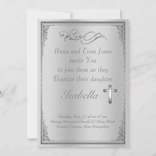 エレガントバプテスマを越えたシルバーダマスク&シルバー 招待状 (裏面)