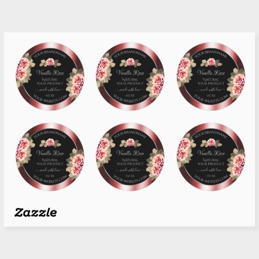 エレガントバラきらめく赤い黒の製品ラベル ラウンドシール (シート)