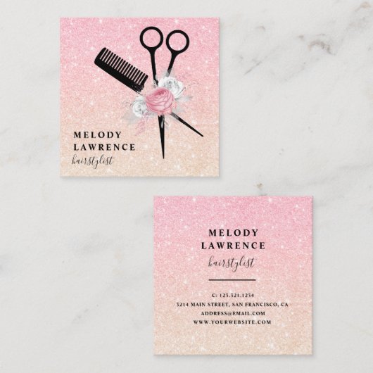 エレガントバラのグラデーションハサミ金ゴールド スクエア名刺 (正面/裏面)