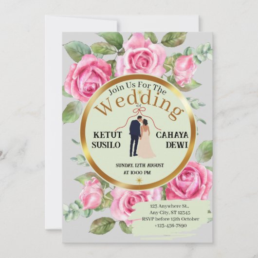 エレガントバラをテーマ結婚にした新郎新婦の家 招待状 (正面)