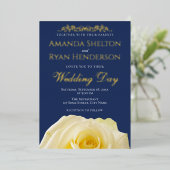 エレガントバラオーナメントネイビー結婚ブルー金ゴールド 箔招待状 (立ち正面)