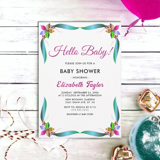 エレガントバラカラフル光沢フローラ赤ちゃんシャワー 招待状