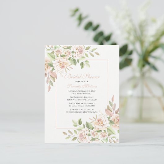 エレガントバラガーデンピンクフローラブライダルシャワー インビテーションポストカード (スタンド正面)