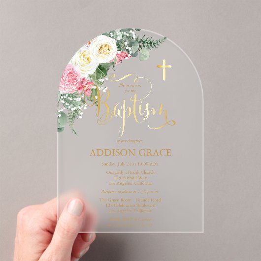 エレガントバラガーデン – ガールバプティスマ – フェイク金ゴールド アクリル招待状 (インサイチュ (ポータブル))