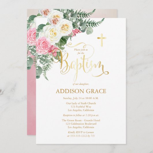 エレガントバラガーデン – ガールバプティスマ – フェイク金ゴールド 招待状 (正面/裏面)