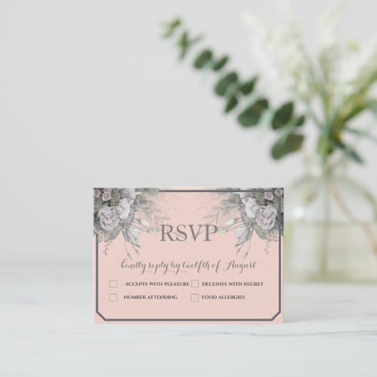 エレガントバラグレー&グレーのメニュー選択RSVPポストカード エンクロージャーカード (スタンド正面)