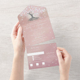 エレガントバラピンクハートリーフ結婚ツリー オールインワン招待状