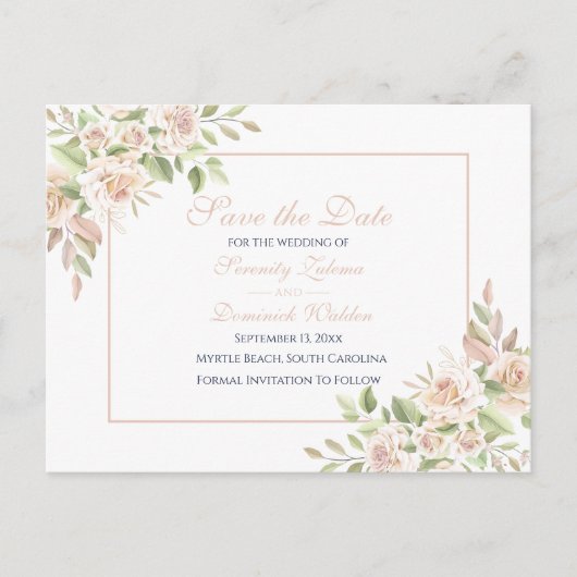 エレガントバラピンクフローラの日付を保存結婚する 案内ポストカード (正面)
