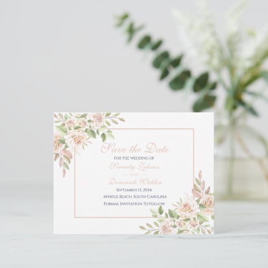 エレガントバラピンクフローラの日付を保存結婚する 案内ポストカード (スタンド正面)