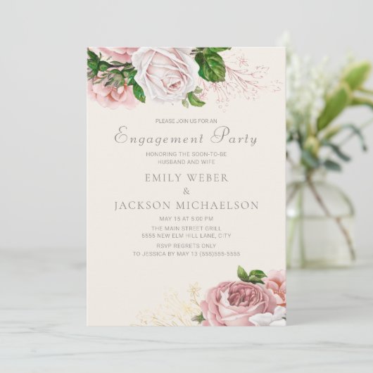 エレガントバラピンクフローラクリーム婚約パーティ 招待状 (スタンド正面)