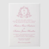 エレガントバラピンクフローラクレストモノグラム結婚ズ ベラム紙招待状 (正面)