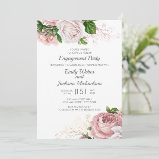 エレガントバラピンクフローラホワイト婚約パーティ 招待状 (スタンド正面)