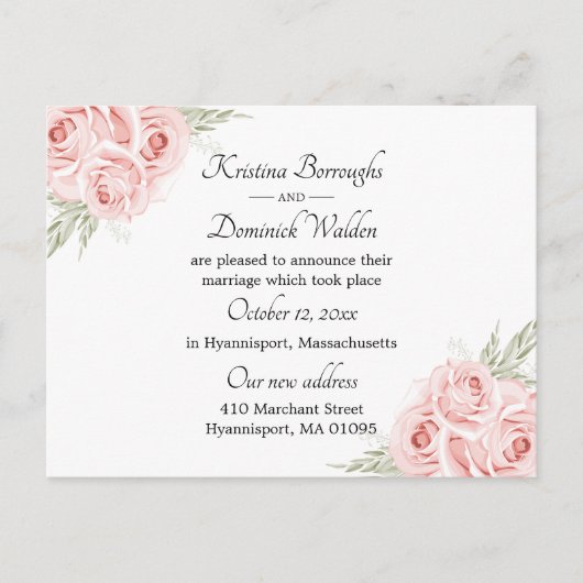 エレガントバラピンクフローラ結婚たった今結婚しましたアンノ 案内ポストカード (正面)
