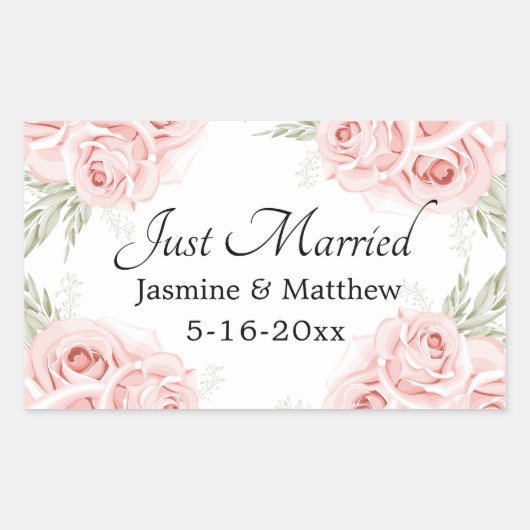 エレガントバラピンクフローラ結婚たった今結婚しましたクラス 長方形シール (正面)