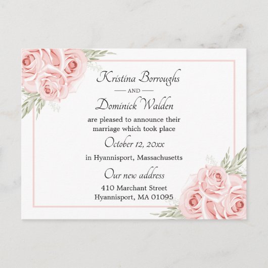 エレガントバラピンクフローラ結婚たった今結婚しました 案内ポストカード (正面)