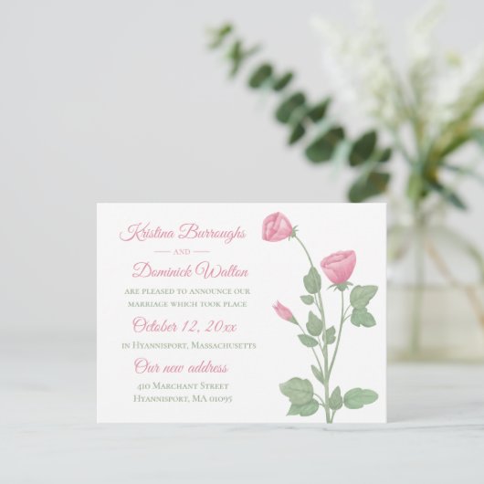 エレガントバラピンクフローラ結婚たった今結婚しました 案内ポストカード (スタンド正面)