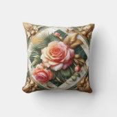 エレガントバラフローラデザインと金ゴールドアクセント クッション (正面)