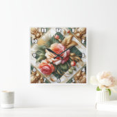 エレガントバラフローラデザインと金ゴールドアクセント スクエア壁時計 (ホーム)