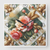 エレガントバラフローラデザインと金ゴールドアクセント スクエア壁時計 (正面)