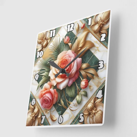 エレガントバラフローラデザインと金ゴールドアクセント スクエア壁時計 (傾斜)