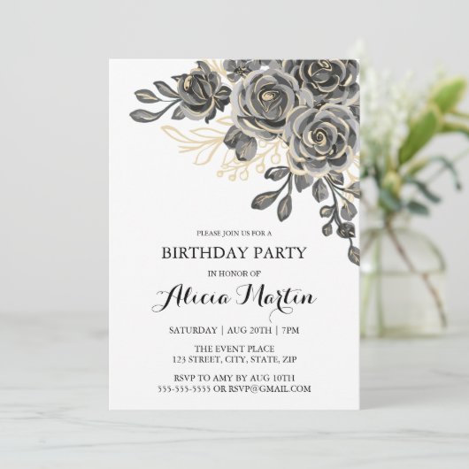 エレガントバラフローラブラック&金ゴールドバースデーパーティー 招待状 (スタンド正面)