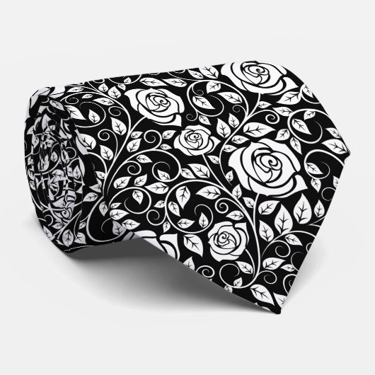 エレガントバラフローラ葉パターン白黒 ネクタイ (ロール)