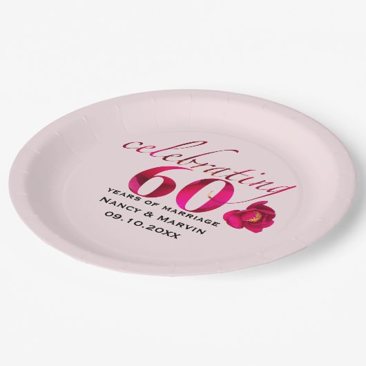 エレガントバラフローラ60周年記念日の日付 ペーパープレート (アングル)