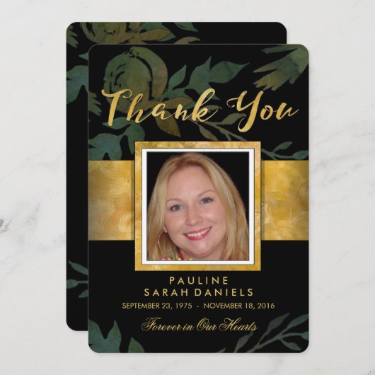 エレガントバラブラック&金ゴールドフォトサンキューカード サンキューカード (正面/裏面)