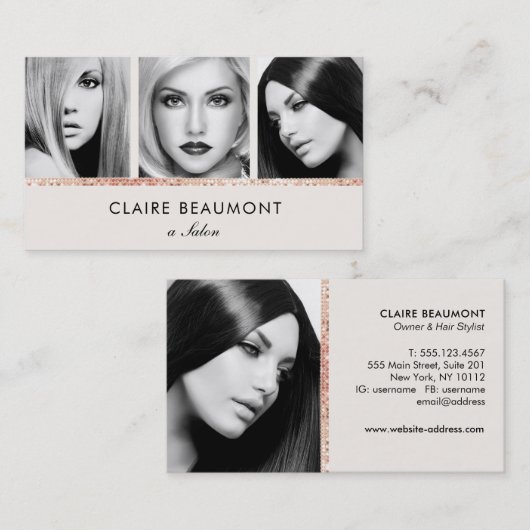 エレガントバラモダン金ゴールドシークインサロン3フォトカード 名刺 (正面/裏面)