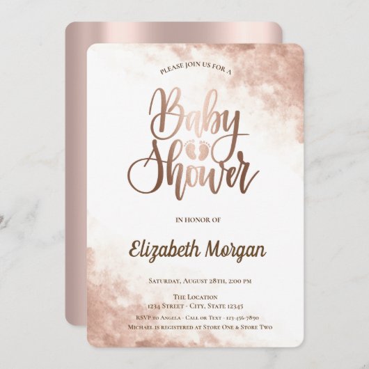 エレガントバラユニーク金ゴールドベビーフットベビーシャワー 招待状 (正面/裏面)