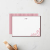 エレガントバラレースピンクのストライプスクリプトモノグラムノート ノートカード (正面/裏面インサイチュ)