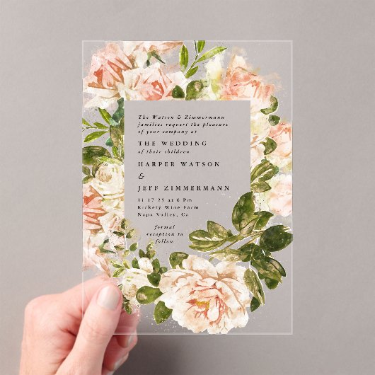 エレガントバラロマンスウォーター結婚カラーズアーチ アクリル招待状 (インサイチュ (ポータブル))