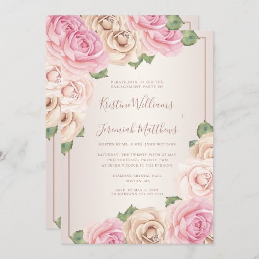 エレガントバラ水彩フローラ婚約パーティ 招待状 (正面/裏面)