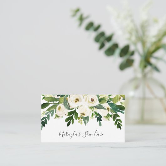 エレガントバラ緑色水彩白フローラ 名刺 (スタンド正面)