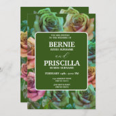 エレガントバラ花と白文字グリーン結婚ズ 招待状 (正面/裏面)