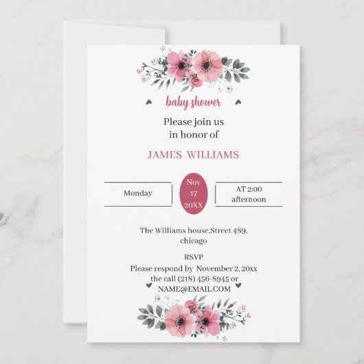 エレガントバラ花カスタマイズ赤ちゃんシャワー 招待状 (正面)